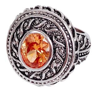 Silver Tone Cocktail Ring Orange Stone Large Ornate Boho Statement Size 7.75